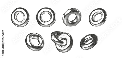 3D torus ring shapes with chrome texture and abstract circular forms. These 3D torus rings and chrome donut elements feature grain noise, metallic shine, and modern geometric design