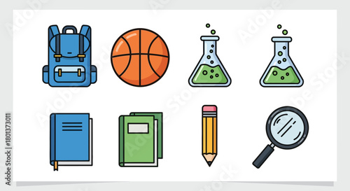 Colorful school education elements for studies and sports for kids and student learning creative art