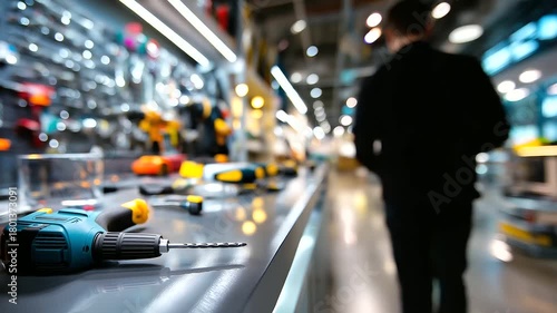 Defocused digital construction store interior, shimmering reflections of metallic tools and illuminated panels, with copy space.