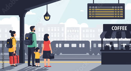 A heartwarming flat design illustration portrays a family eagerly waiting for their train on a clean station platform, capturing a moment of shared travel anticipation.