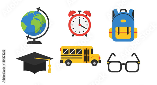 Vibrant school themed illustration offering a colorful depiction of academic tools and icons