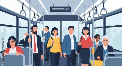 This flat design illustration offers a glimpse into a train carriage, depicting diverse passengers engaged in various activities during their journey. 