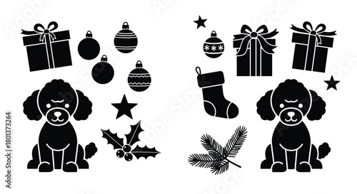 Christmas dog holiday vector illustration gift box star set art