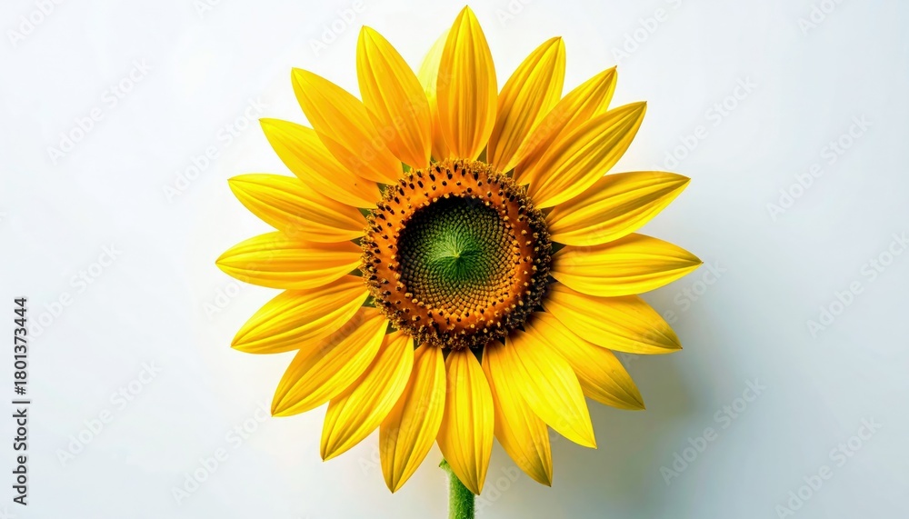 Fototapeta premium A single, vibrant yellow sunflower is centered against a clean white background, showcasing its detailed petals and dark green center.