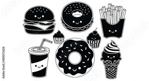 Cute kawaii fast food vector illustration black and white art
