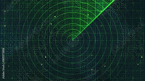 Wallpaper Mural green radar screen with spinning sweep against a dark digital circuit board background grid, tracking system concept, surveillance, cyber security, military technology, navigation systems Torontodigital.ca