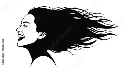 Woman laughing with flowing hair vector black and white design