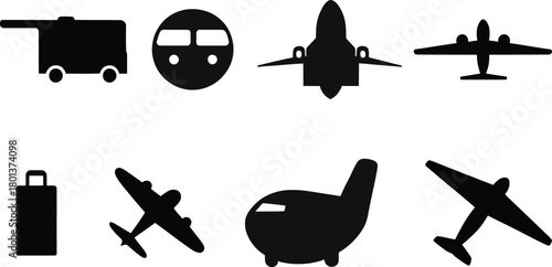 airplane silhouette style minimal icon set vector art illustration on a white background.
