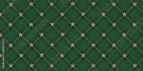Christmas rhombus seamless pattern. Xmas plaid texture with gold line and stars. Green argyle geometric diamond abstract pattern.