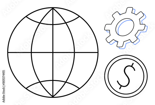 Globe with grid, gear shape, and dollar coin outline representing globalization, innovation, and economy. Ideal for business, technology, finance, globalization industry economics and development