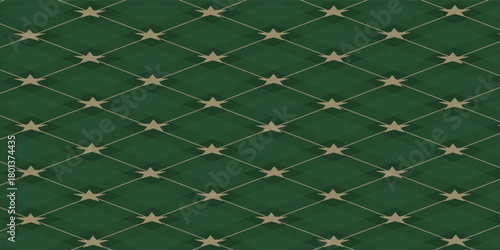 Christmas rhombus seamless pattern. Xmas plaid texture with gold line and stars. Green argyle geometric diamond abstract pattern.