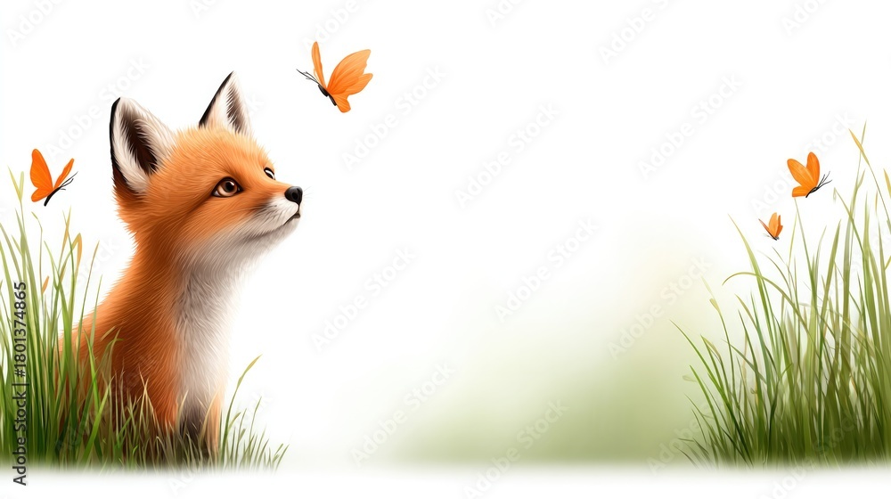 Obraz premium Adorable baby fox observing butterflies in nature themed design on white background for poster or card