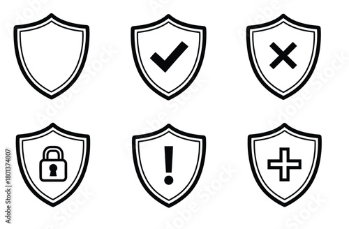 Set of six shield icons representing security status and protection with checkmark lock cross and exclamation mark