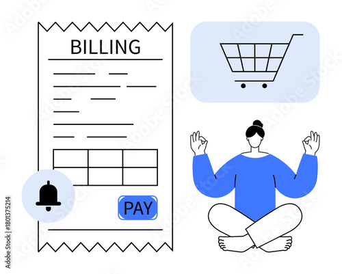 Receipt with billing details and Pay button, shopping cart, person meditating. Ideal for online shopping, payment, mindfulness, balance, simplicity stress relief modern technology. Minimal flat