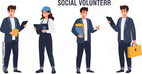 Diverse Social Volunteers with Documents and Digital Devices Vector Illustration Set