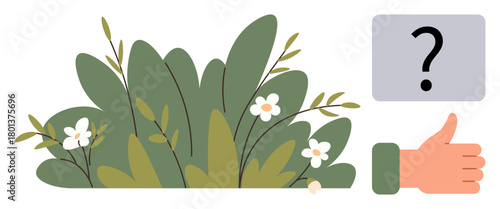 Lush green foliage with small white flowers, a gray question mark, and a thumbs-up icon. Ideal for decision-making, environmental choices, eco-friendly initiatives, nature conservation