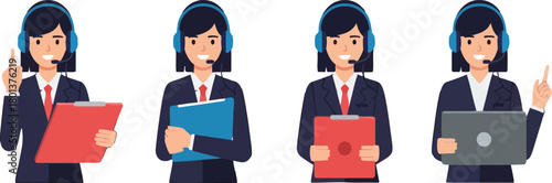 Set of professional female customer service agents. Smiling businesswomen with headsets, laptops, and clipboards providing online support.