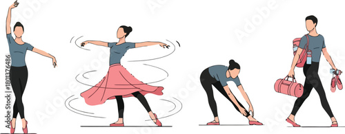 Ballerina and active woman engaging in dance, stretching, and fitness preparation. Healthy lifestyle illustration.