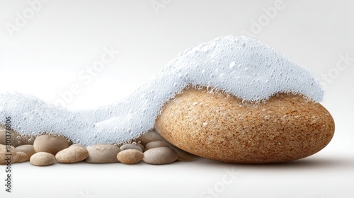 Calm ocean wave with foam embracing smooth pebble on white background for relaxation and serenity themes