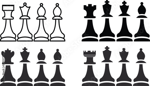 chess piece silhouette style minimal vector art icon set illustration on a white background.
