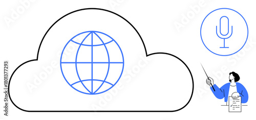 Globe inside a large cloud, a microphone icon, and a person presenting notes. Ideal for technology, communication, globalization, networking, online education data sharing and teamwork. Simple flat
