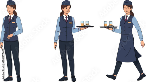 Professional Female Flight Attendant Poses Set Serving Drinks in Uniform - Vector Illustration