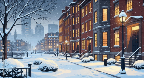 ​A serene vector illustration of a snowy city street on a winter evening. Traditional brick townhouses, with their warmly lit windows, contrast beautifully with the cold, dark, and snow-covered urban 