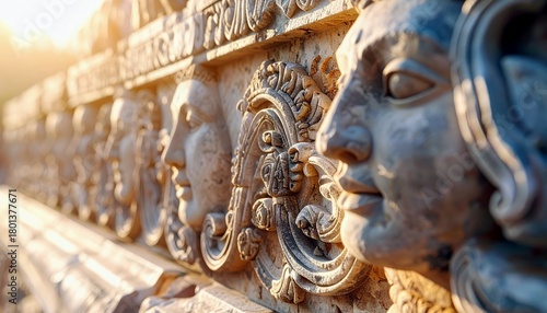 Detailed stone carvings of human faces and ornate decorative patterns, bathed in warm sunlight, suggesting historical or artistic significance.