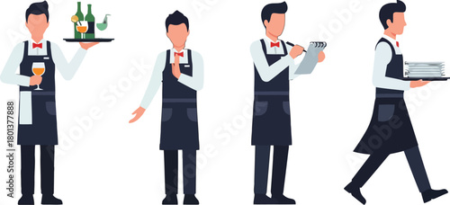 Professional Waiters Serving Drinks, Taking Orders, and Carrying Food in Restaurant - Flat Vector Illustration Set