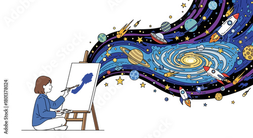 Imaginative artist creating a vibrant space scene on canvas with cosmic inspiration, showing the