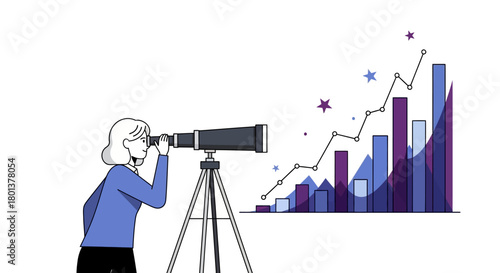 Businesswoman analyzing market growth trends through a telescope for business strategy