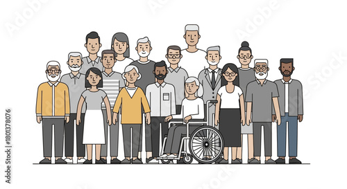 Diverse community illustration showcasing inclusivity across generations and abilities with focus