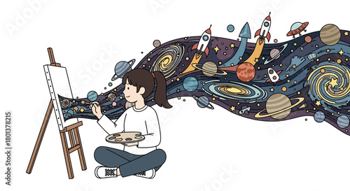 Girl artist painting cosmic canvas, dreaming up vibrant galaxies with rockets and planets