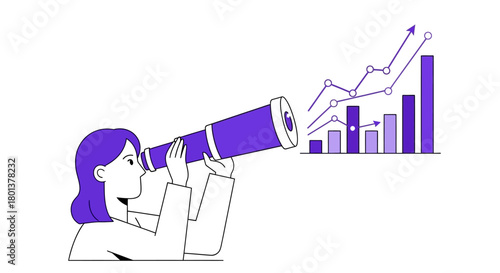 Businesswoman looks to future growth, anticipating success using a telescope