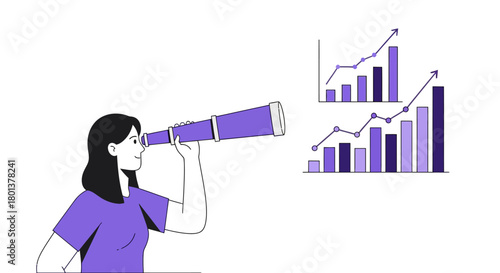 Woman anticipates positive financial growth, assessing statistics through a telescope