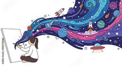 Girl paints an imaginative outer space world on canvas, filled with stars and rockets