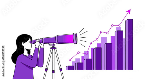 Businesswoman envisioning exponential growth strategy with telescope and graph illustration