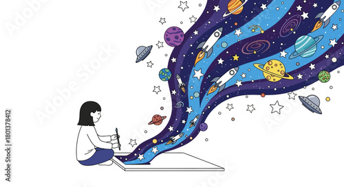 The girl creating her own universe with artistic space exploration through imagination and