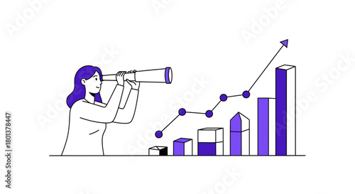 A businesswoman looks through a telescope observing growth business charts, investment analysis