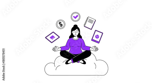 Woman meditating on cloud managing finance business and data using tablet notepad