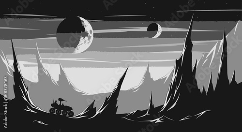 Monochromatic illustration of a rover exploring a desolate extraterrestrial landscape with moons in the sky