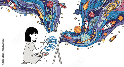 Illustration of a child painting her imagination, creating a colorful and vibrant universe of