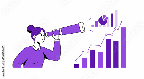 Illustrative woman with telescope anticipating business growth and future trends