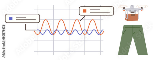 Analytical graph with labeled data points, quadcopter representing IoT technology, and wearable pants symbolizing connected wearables. Ideal for technology, innovation, IoT, data analysis