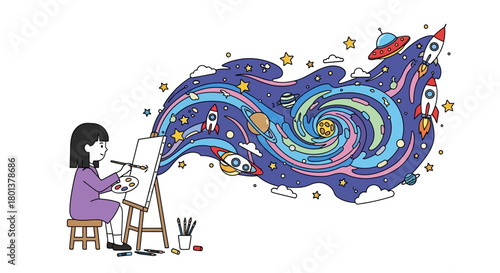 The artist's imagination: a girl painting a vibrant cosmic galaxy with planets and rockets on a