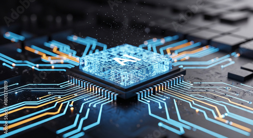 A closeup of a glowing blue ai processor chip on a circuit board.