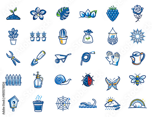 Gardening Tools and Plant Care Icon Set: Horticulture, Nature, and Landscaping Vector Collection