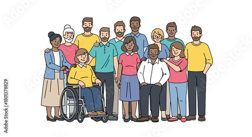 Diverse group of people standing together representing community and unity illustration