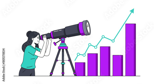 Businesswoman using telescope for future investment opportunities analysis visualization charts