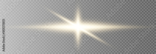 Golden horizontal light beam shines with lens flare and glitter effects. Dark abstract background enhances radiant streaks of energy. Futuristic tech vector design with motion. 